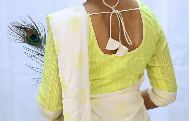 close up of yellow lotus block-print gopi dress