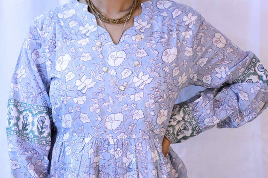 Light blue floor length blockprint dress closeup