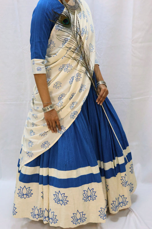 front view of blue lotus block-print gopi dress