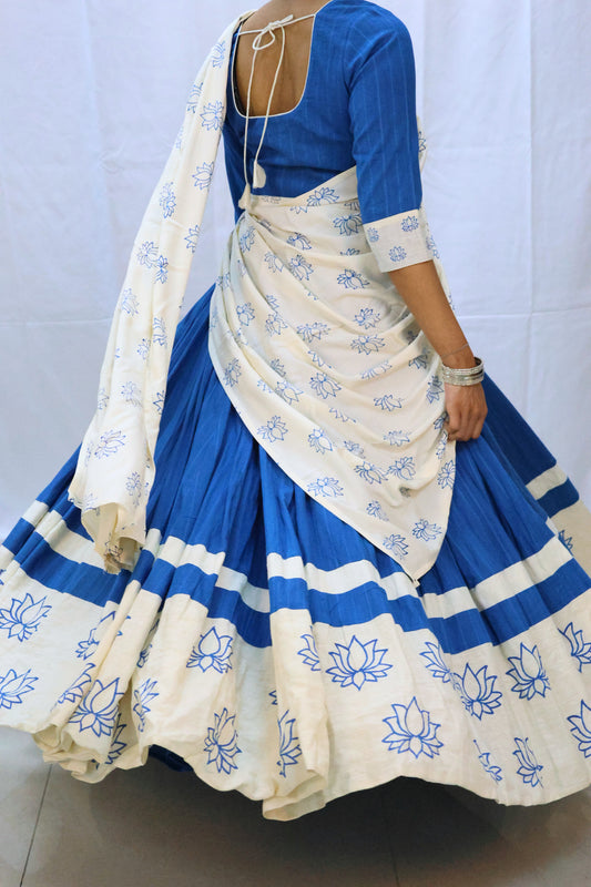 back view of blue lotus block-print gopi dress