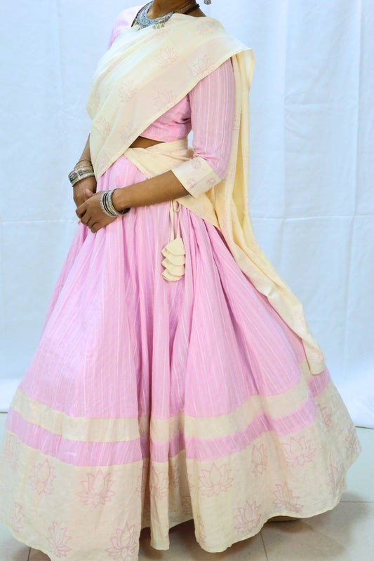 front view of pink lotus block-print gopi dress