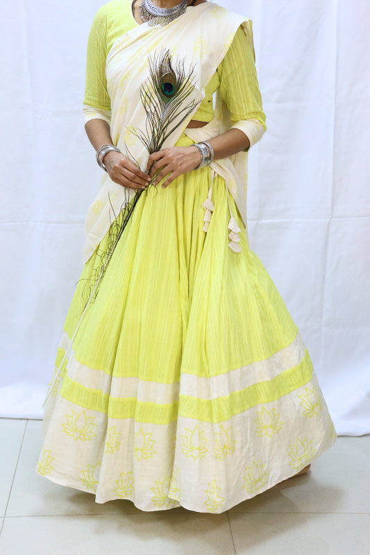 front view of yellow lotus block-print gopi dress