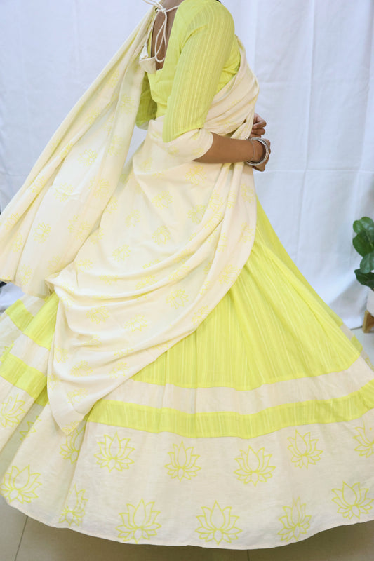 back view of yellow lotus block-print gopi dress