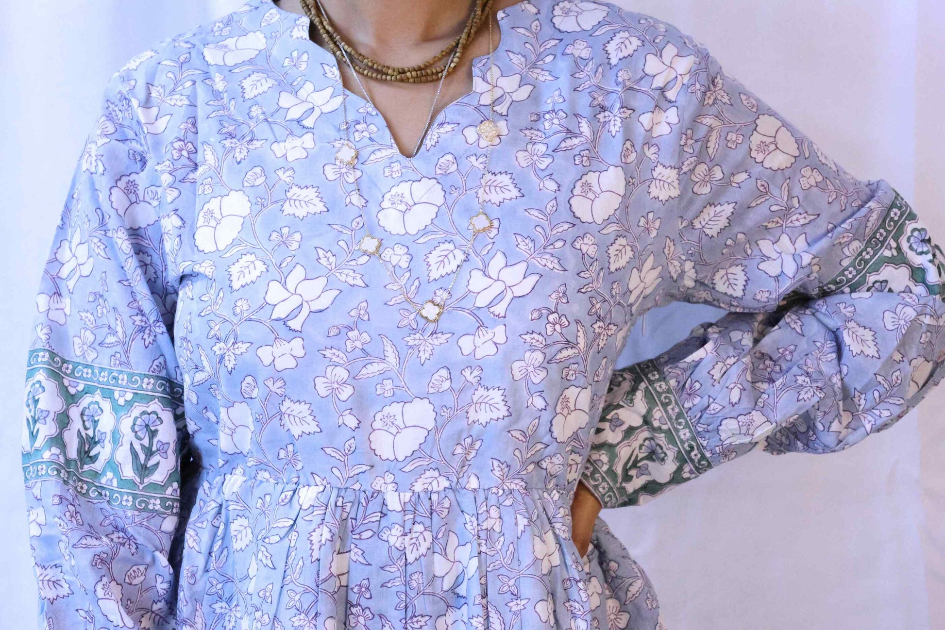 Light blue floor length blockprint dress  closeup