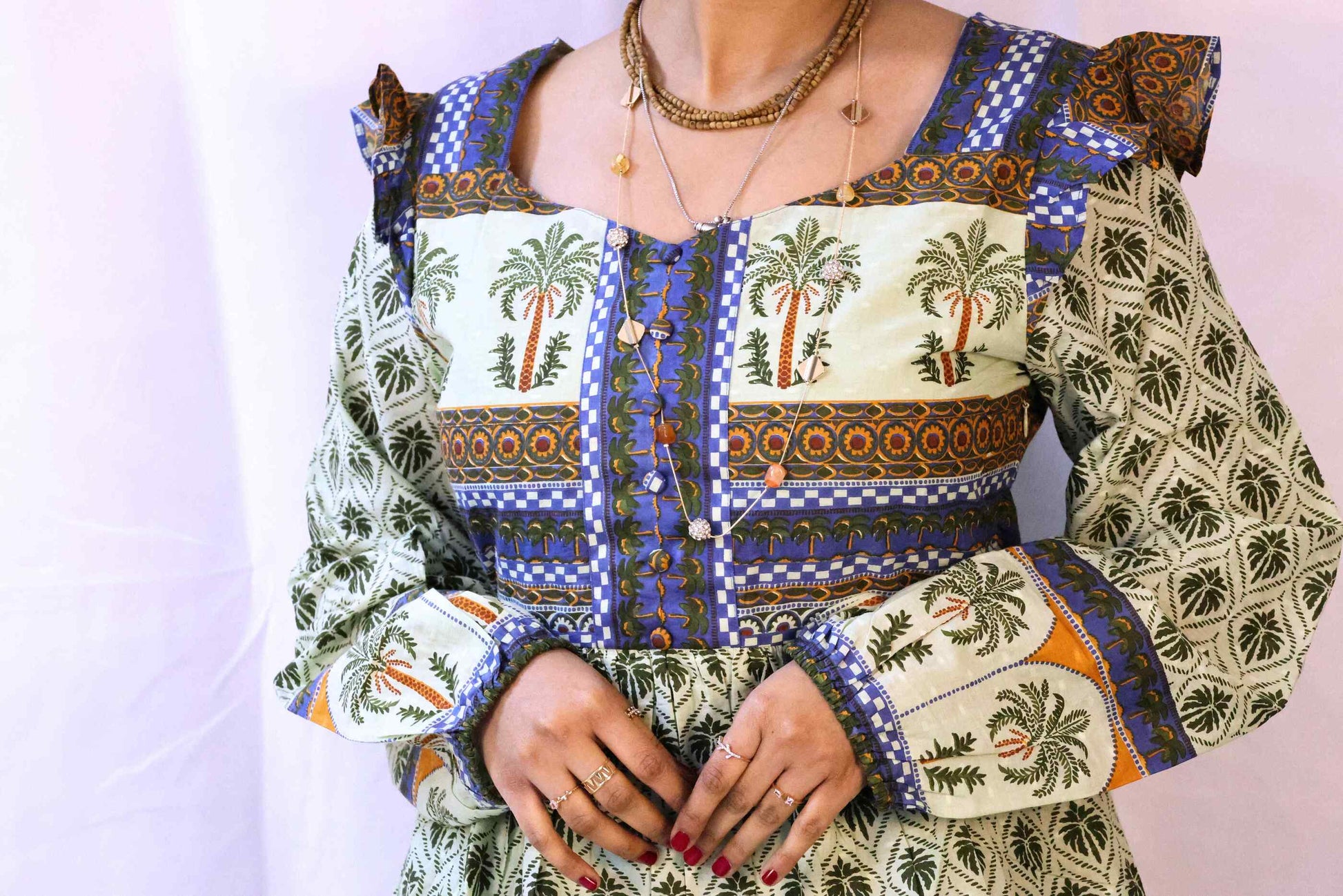 green blockprint palm dress closeup