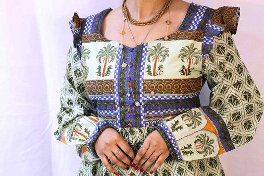 green blockprint palm dress closeup