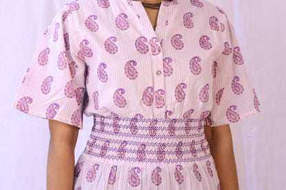 white base lavender blockprint dress closeup