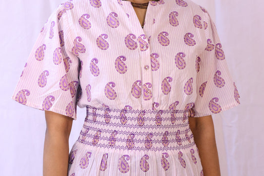 white base lavender blockprint dress closeup
